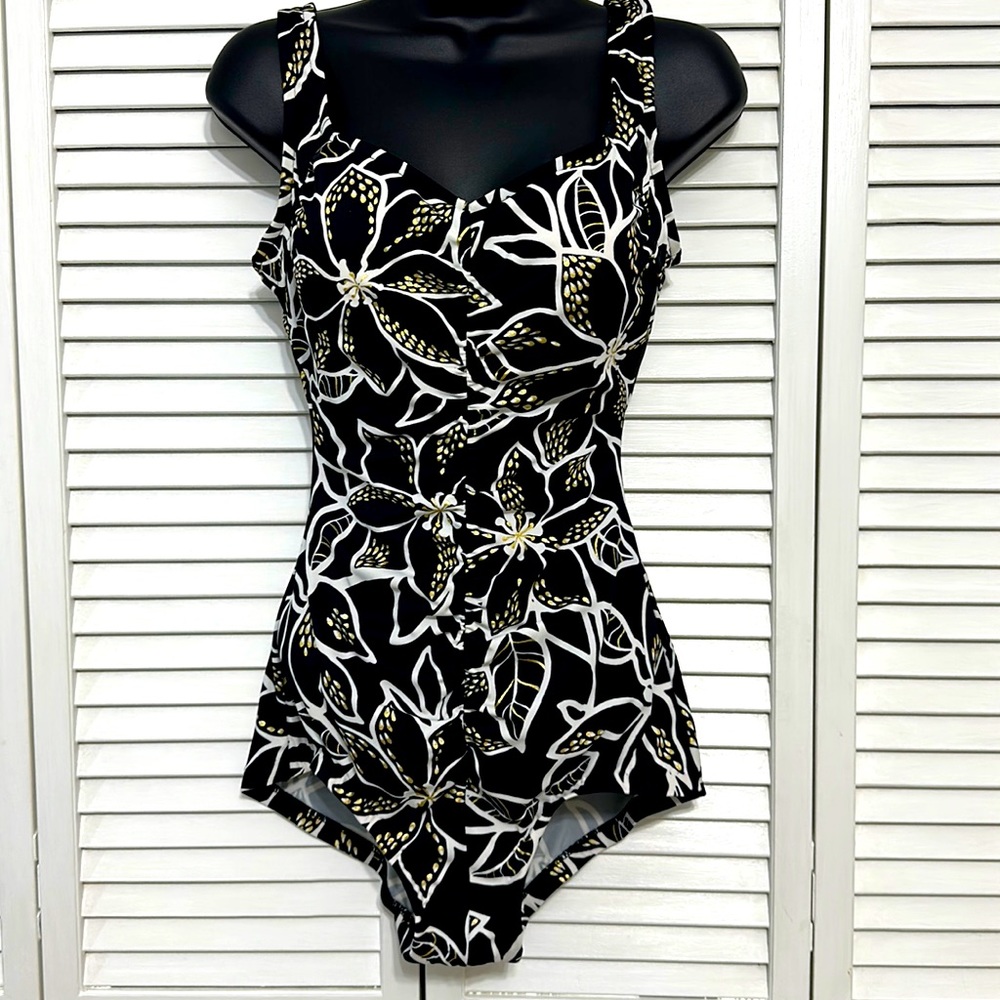 Maxine of Hollywood One Piece Floral Vneck Slimming Shirred Front Girl Leg SZ 10